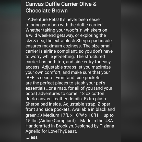 Lovethybeast Canvas Duffle Carrier Olive & Chocolate Brown - Picture 2 of 2